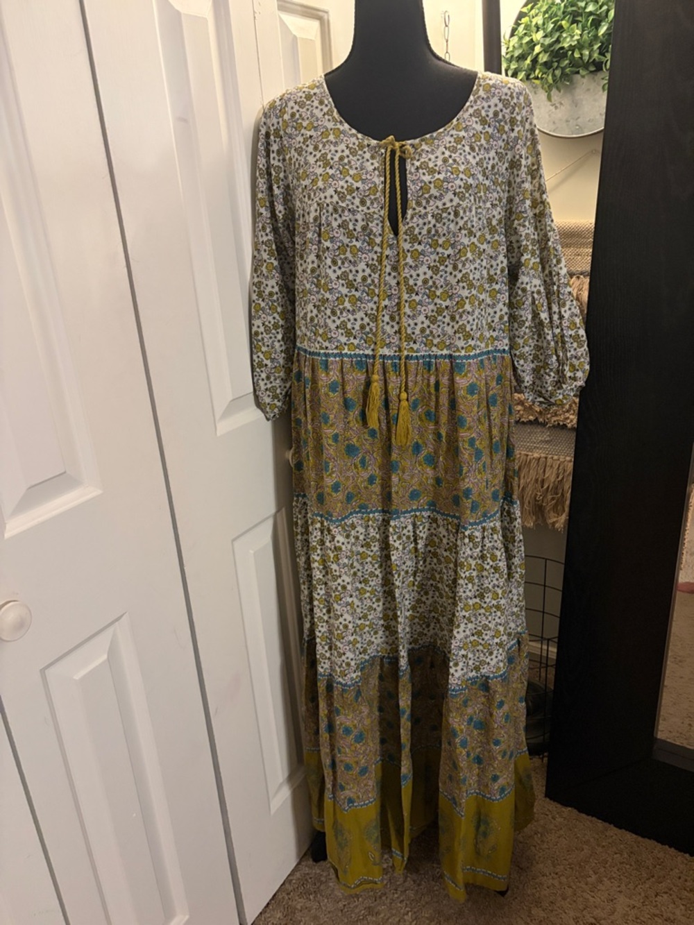 NATURAL LIFE Olive and Teal Boho Floral Tiered Maxi Dress